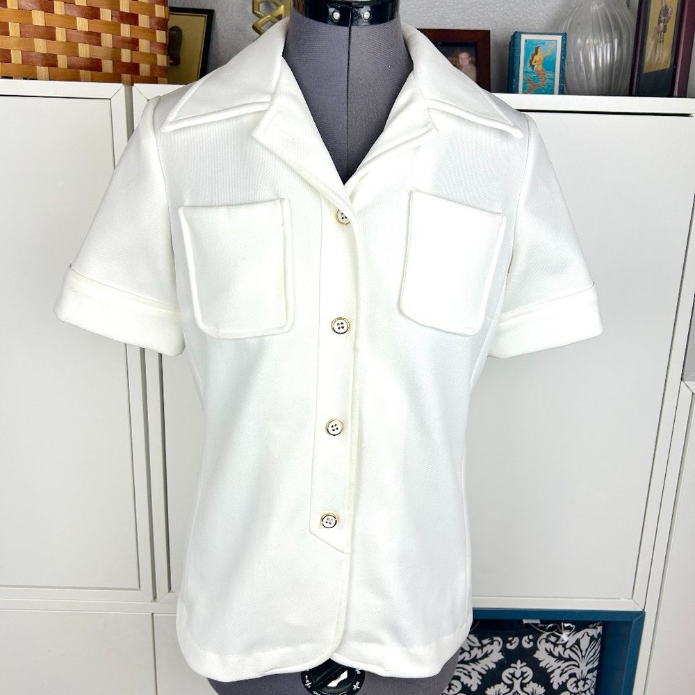 1970's White Knit Button Down Safari Blouse